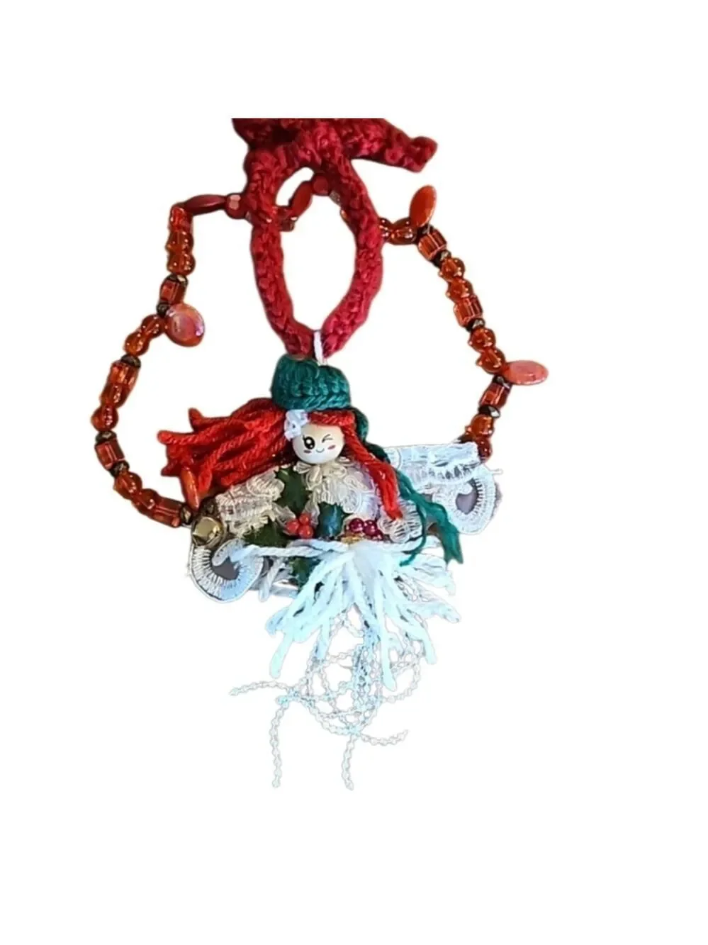 Hand Crafted Crochet Angel Handmade Christmas ornament Upcycled beads white gift